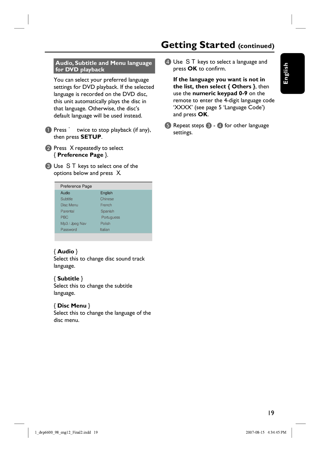 Philips DVP6620, DVP6600 quick start Audio, Subtitle and Menu language for DVD playback, Preference 