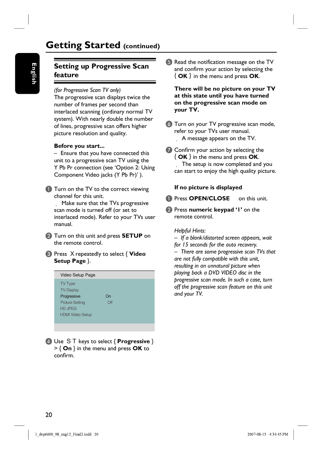 Philips DVP6600, DVP6620 quick start Setting up Progressive Scan feature, If no picture is displayed 