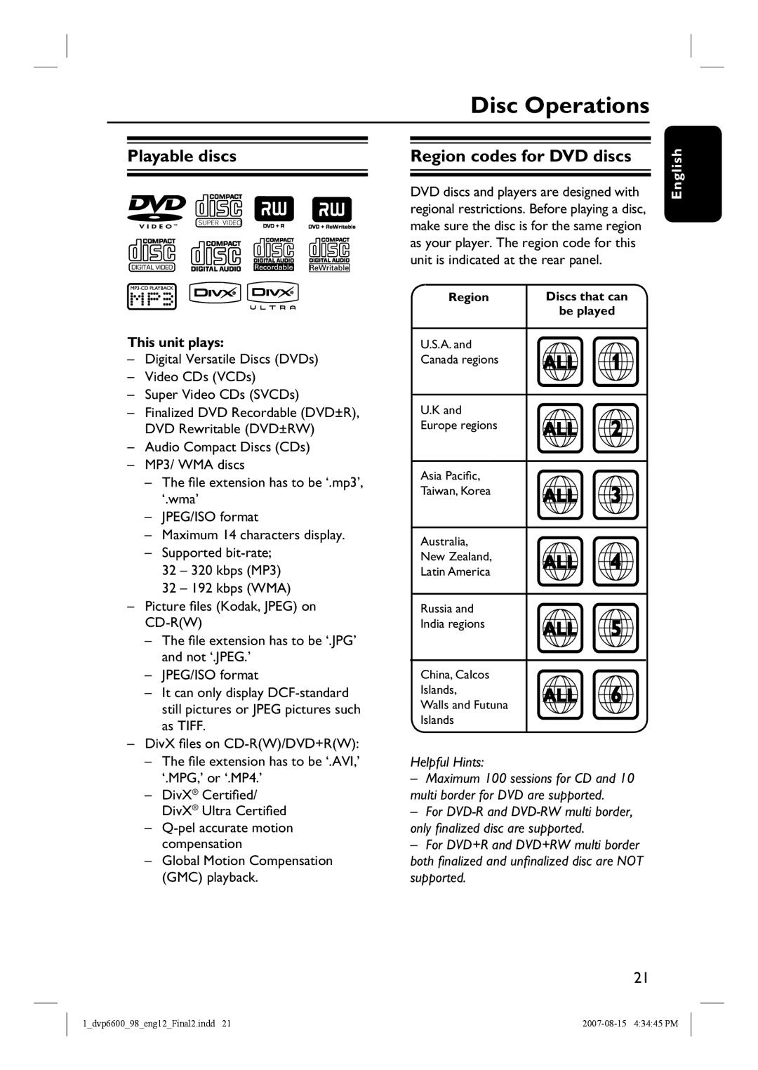 Philips DVP6620, DVP6600 quick start Disc Operations, Playable discs Region codes for DVD discs, This unit plays 