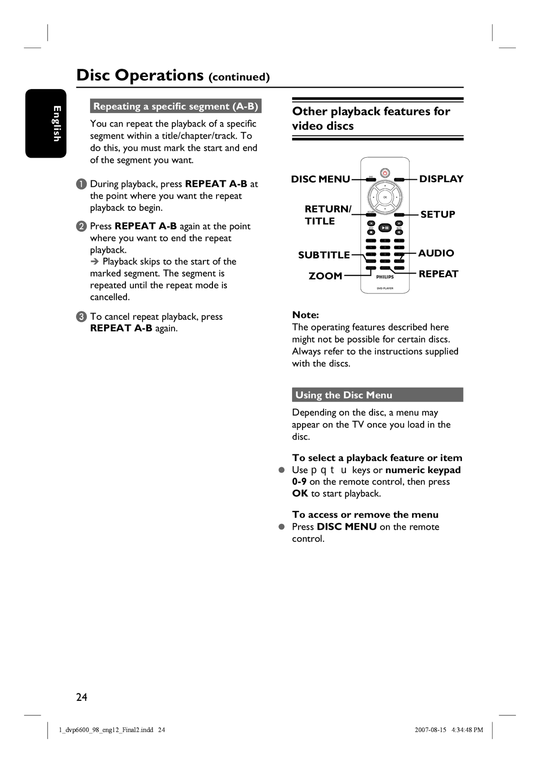 Philips DVP6600 Other playback features for video discs, English Repeating a specific segment A-B, Using the Disc Menu 