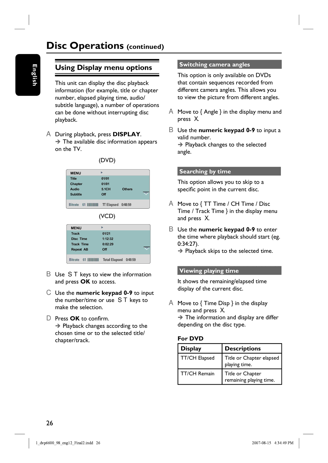 Philips DVP6600, DVP6620 Use the numeric keypad 0-9 to input a valid number, Searching by time, Viewing playing time 