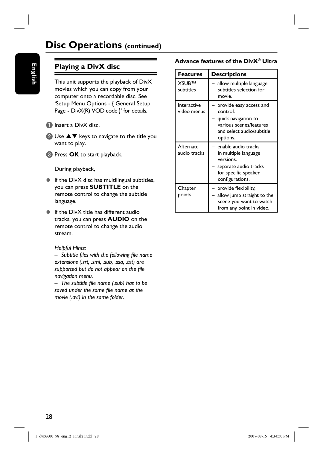 Philips DVP6600, DVP6620 quick start Playing a DivX disc, Advance features of the DivX Ultra Features Descriptions 