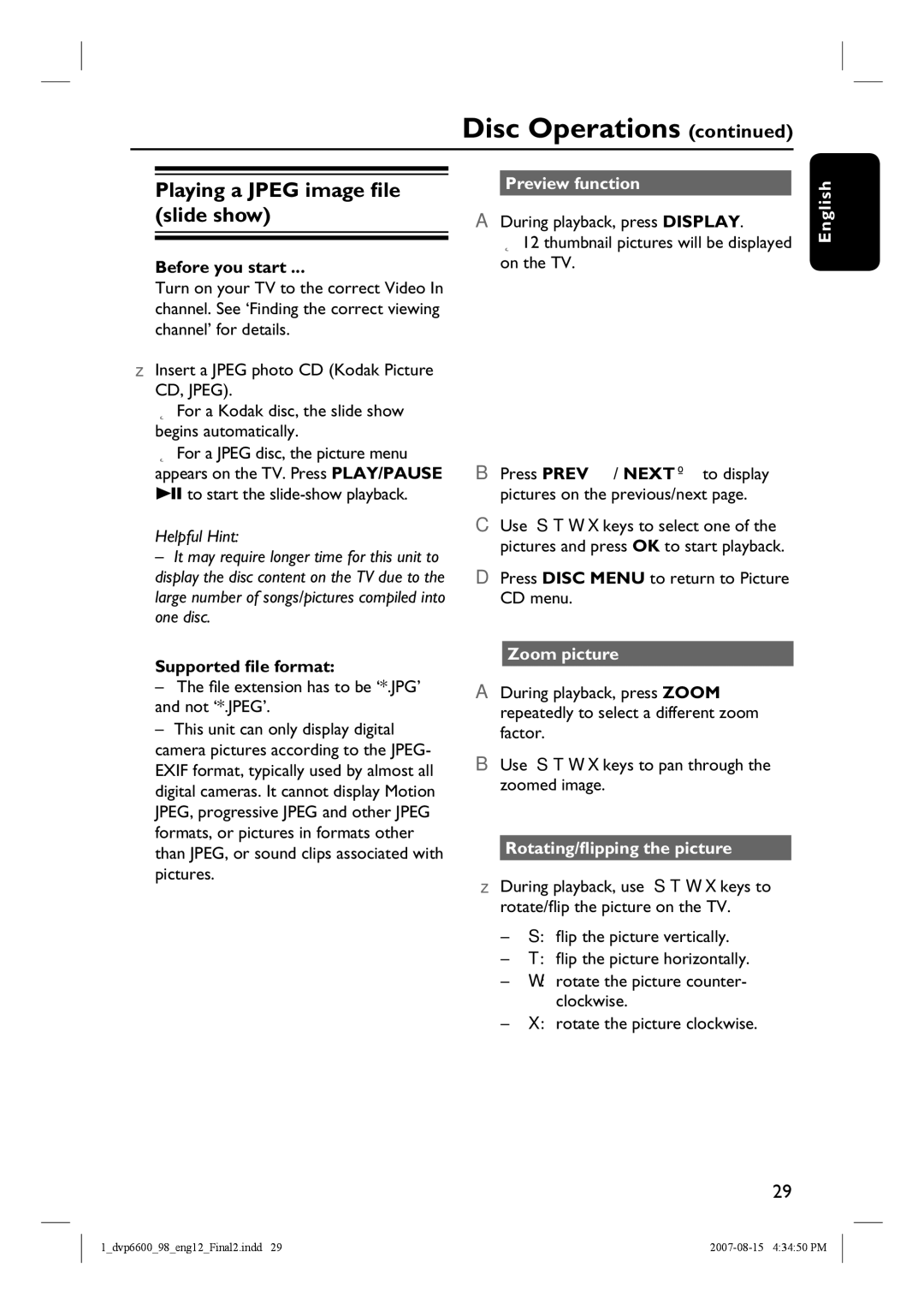 Philips DVP6620, DVP6600 Playing a Jpeg image file slide show, Supported file format, Preview function, Zoom picture 