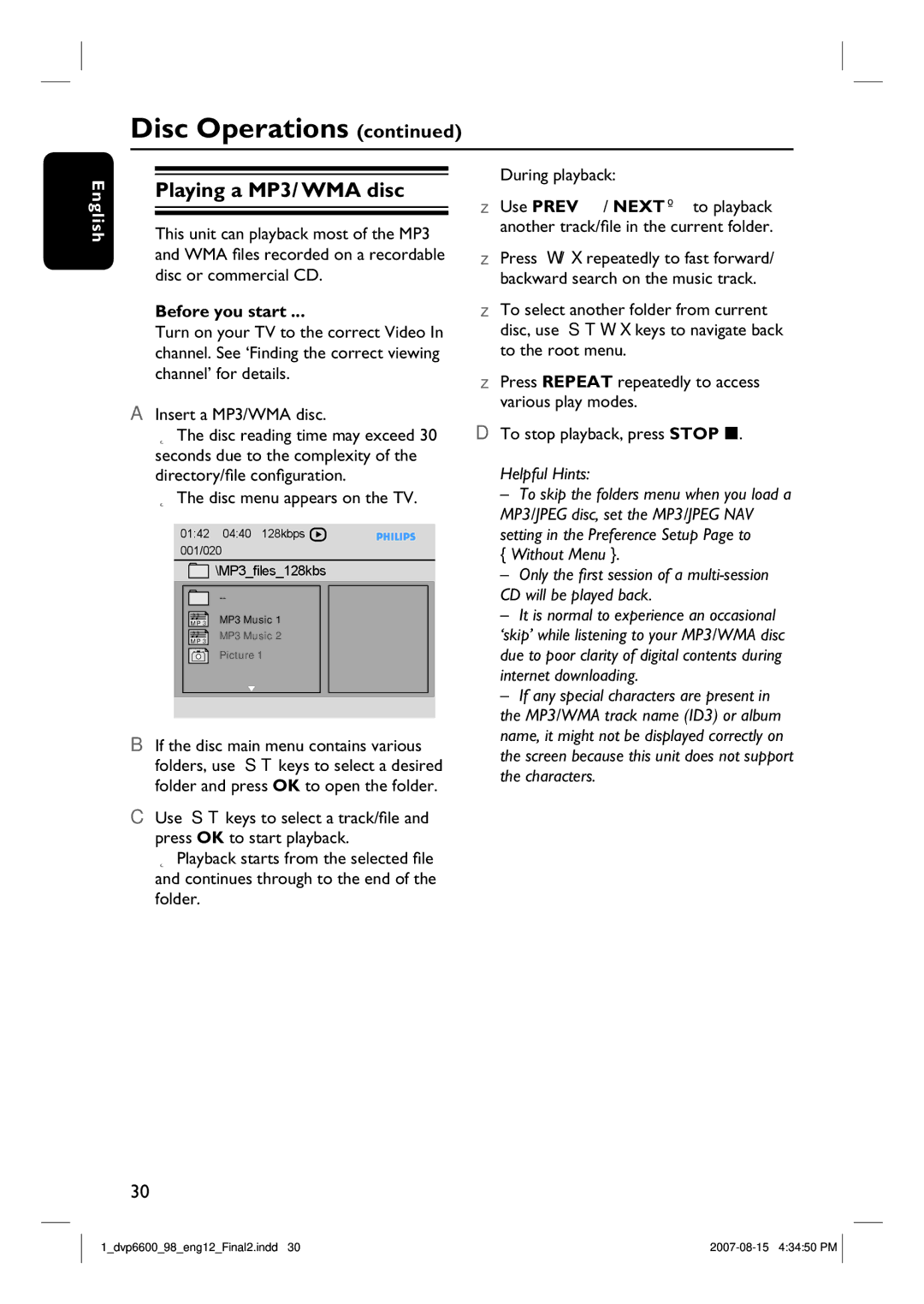 Philips DVP6600, DVP6620 Playing a MP3/ WMA disc, Disc menu appears on the TV, If the disc main menu contains various 