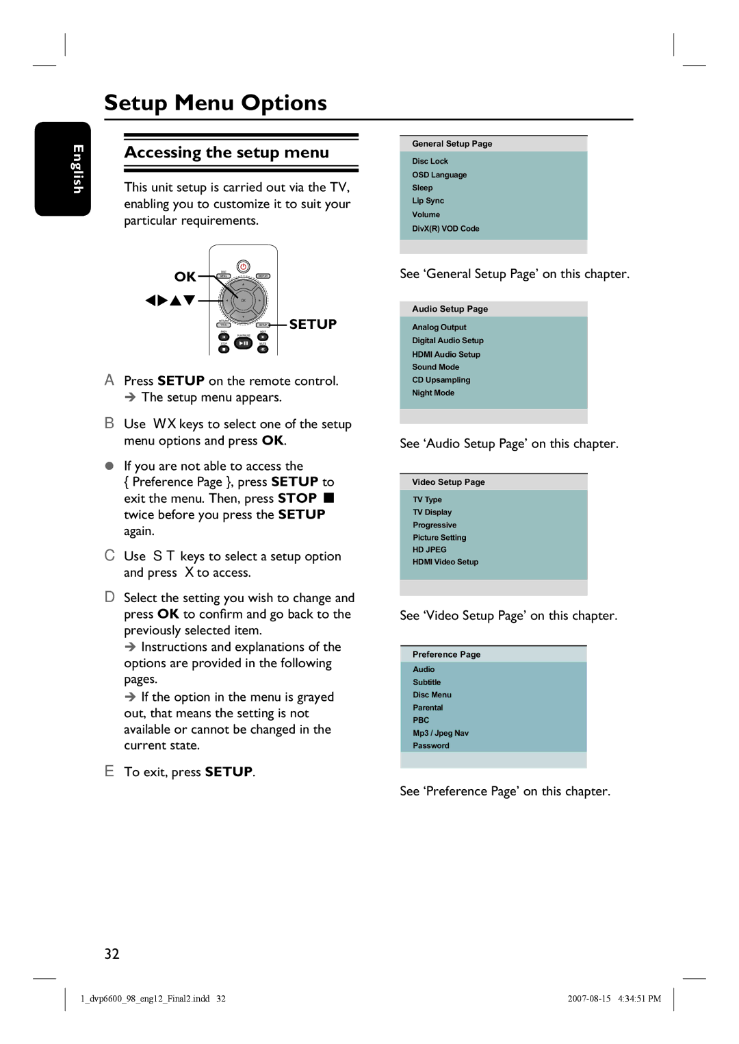 Philips DVP6600, DVP6620 quick start Setup Menu Options, Accessing the setup menu 