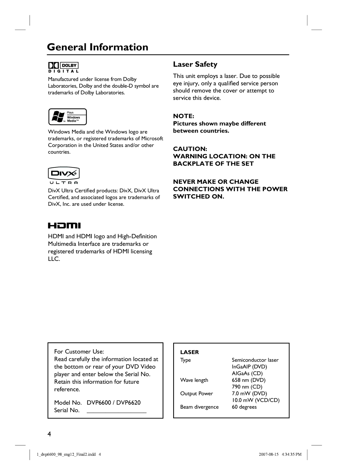 Philips DVP6600 General Information, Laser Safety, Pictures shown maybe different between countries, For Customer Use 