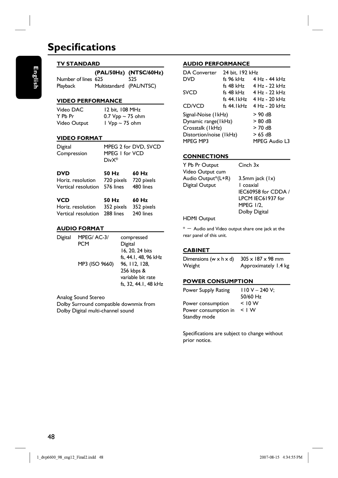 Philips DVP6600, DVP6620 quick start Specifications, Audio Format 