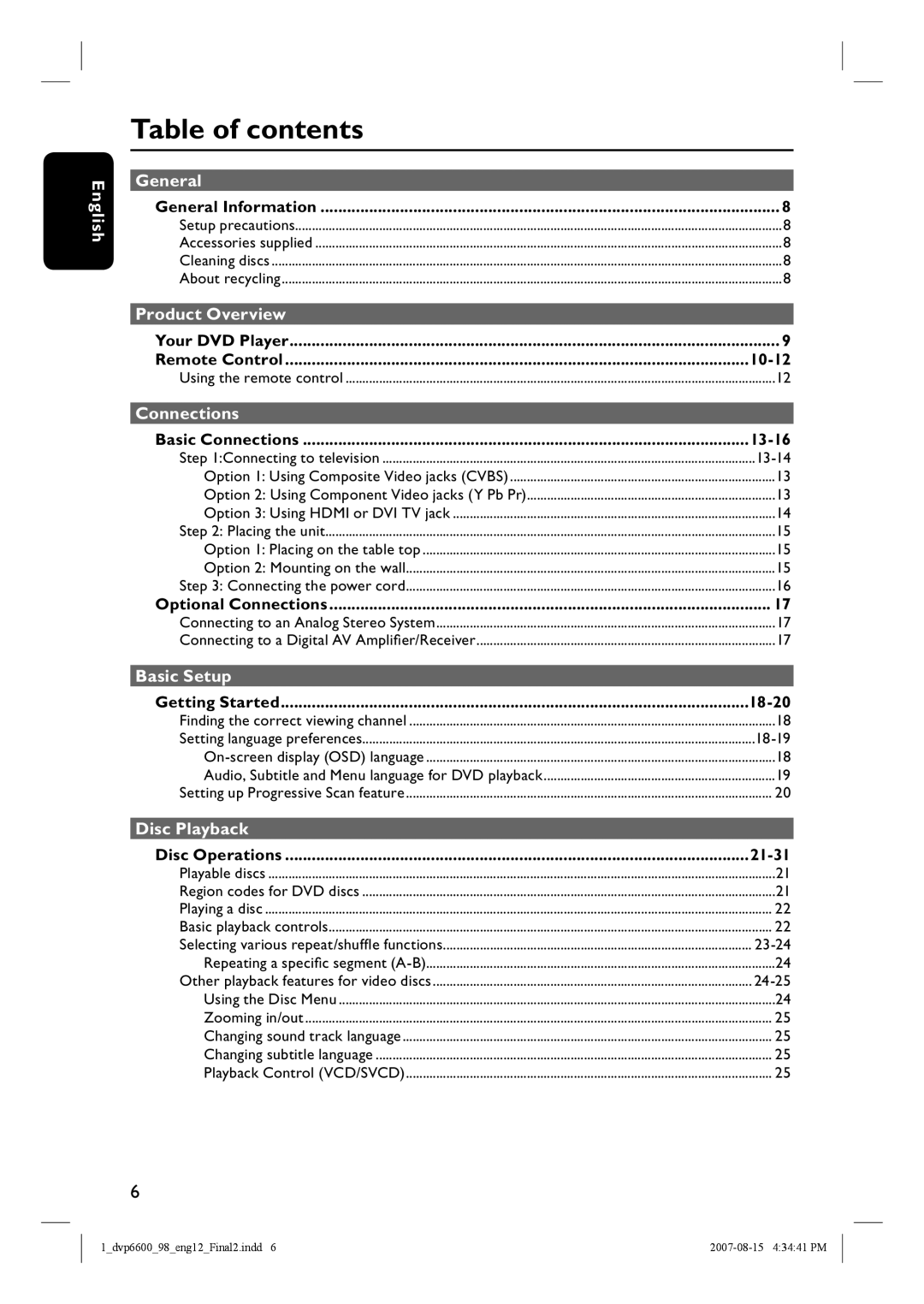 Philips DVP6600, DVP6620 quick start Table of contents 