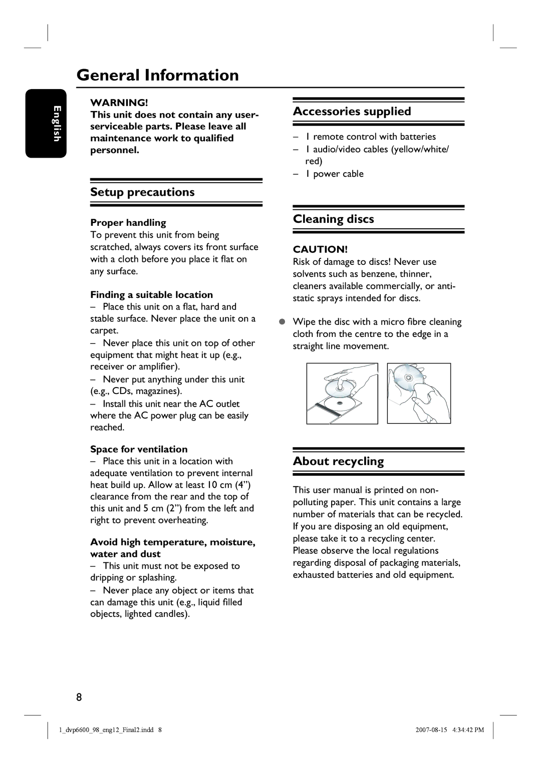 Philips DVP6600, DVP6620 quick start Accessories supplied, Setup precautions, Cleaning discs, About recycling 