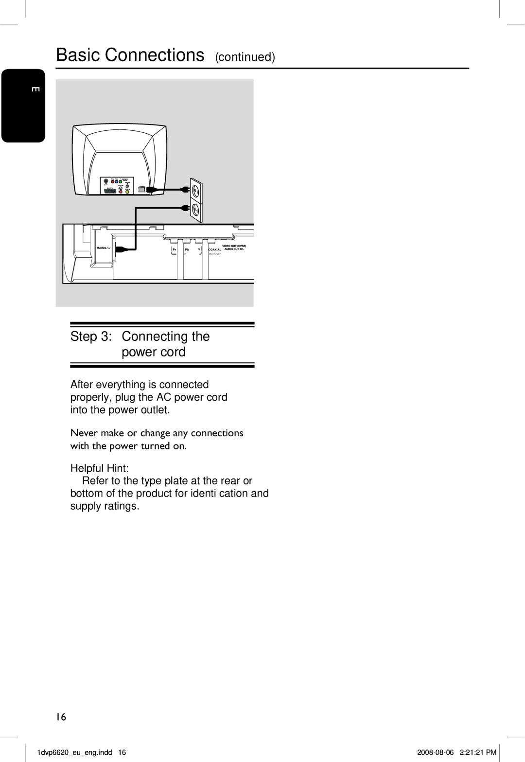 Philips DVP6620/12 manual Connecting the power cord 