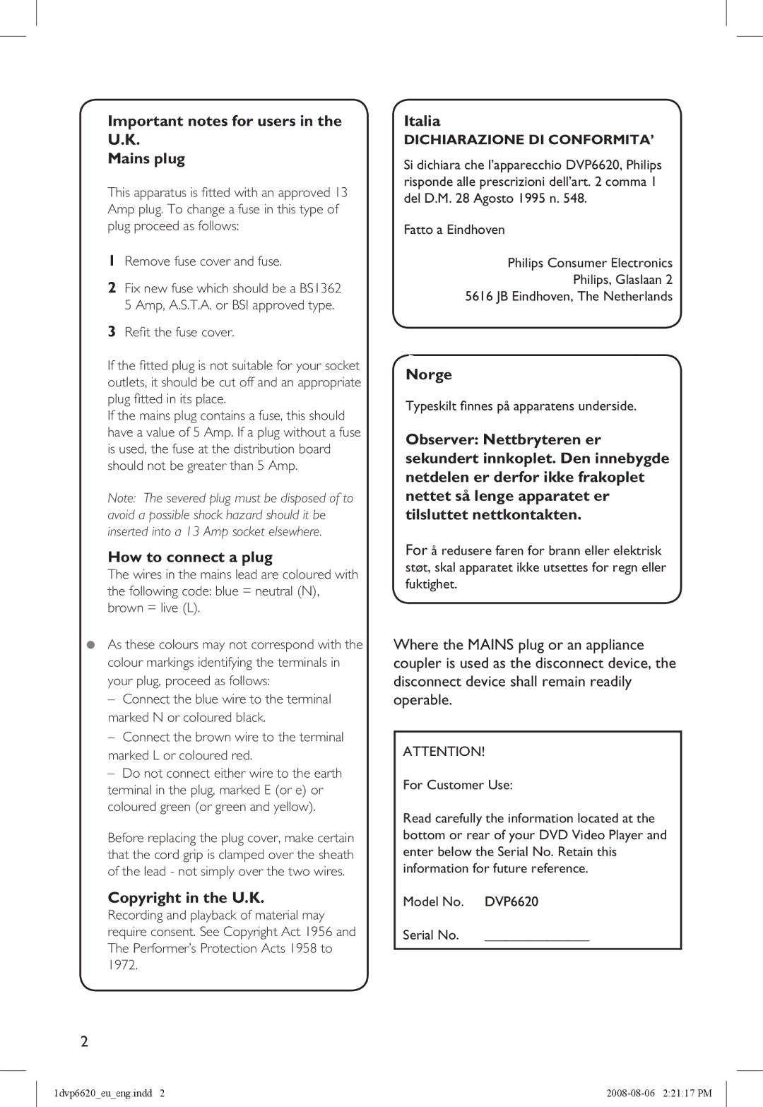 Philips DVP6620/12 Important notes for users in the U.K Mains plug, How to connect a plug, Copyright in the U.K, Italia 