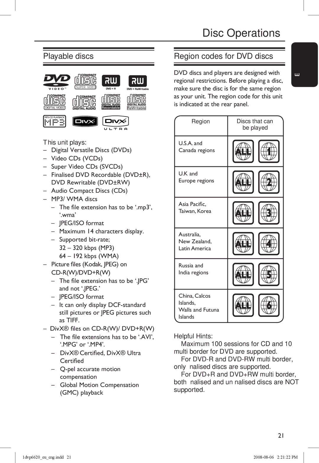 Philips DVP6620/12 manual Disc Operations, Playable discs Region codes for DVD discs, This unit plays 