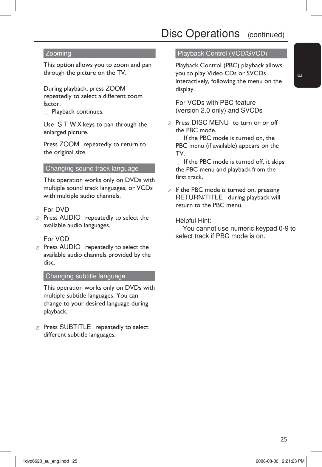 Philips DVP6620/12 manual Zooming, Changing sound track language, Changing subtitle language Playback Control VCD/SVCD 