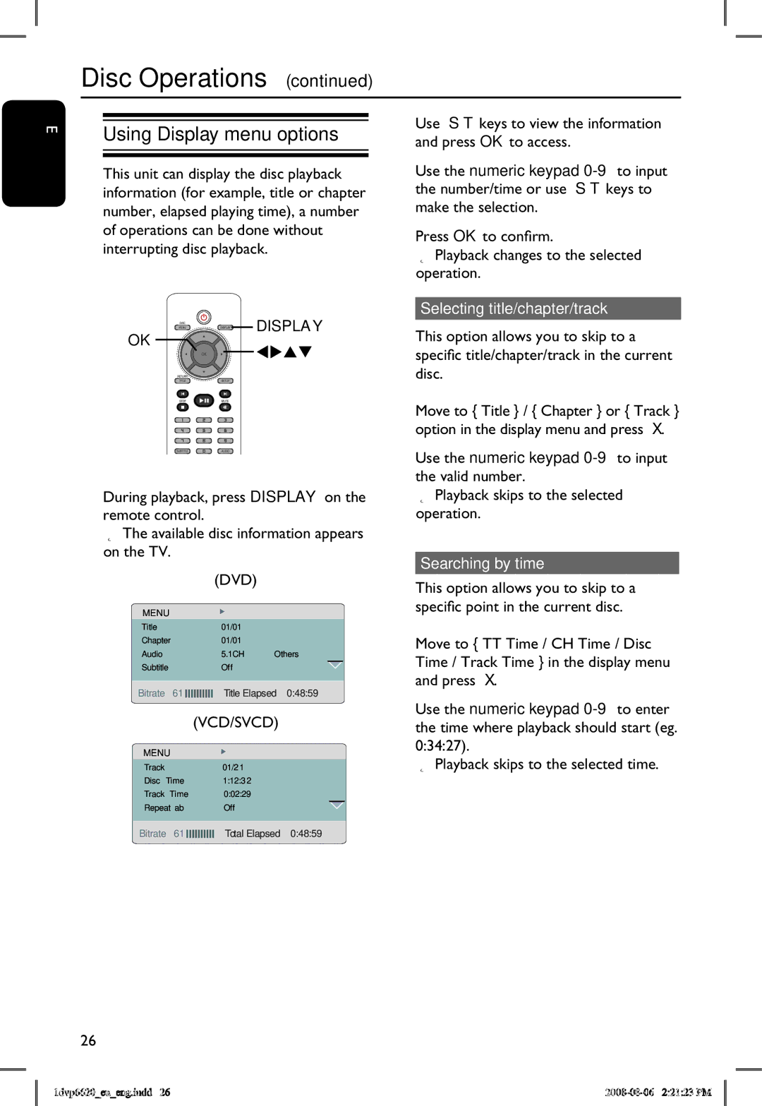 Philips DVP6620/12 manual Using Display menu options, Selecting title/chapter/track, Searching by time, Vcd/Svcd 