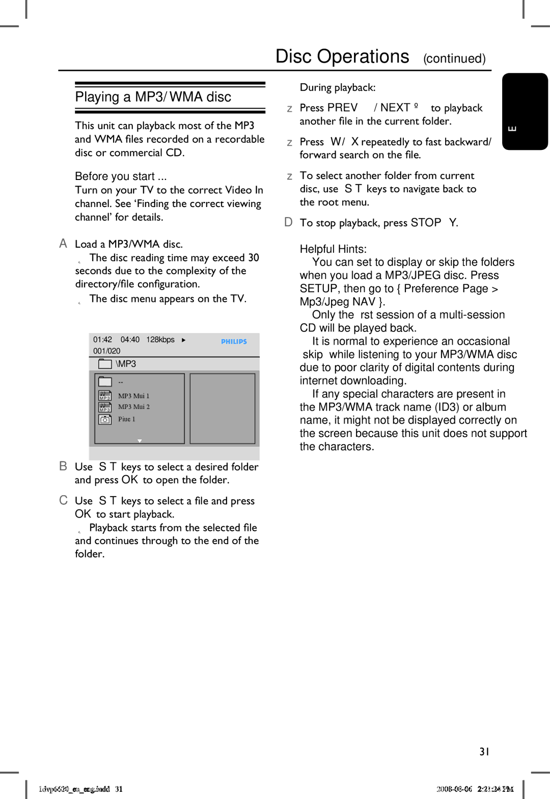 Philips DVP6620/12 manual Playing a MP3/ WMA disc,  The disc menu appears on the TV 