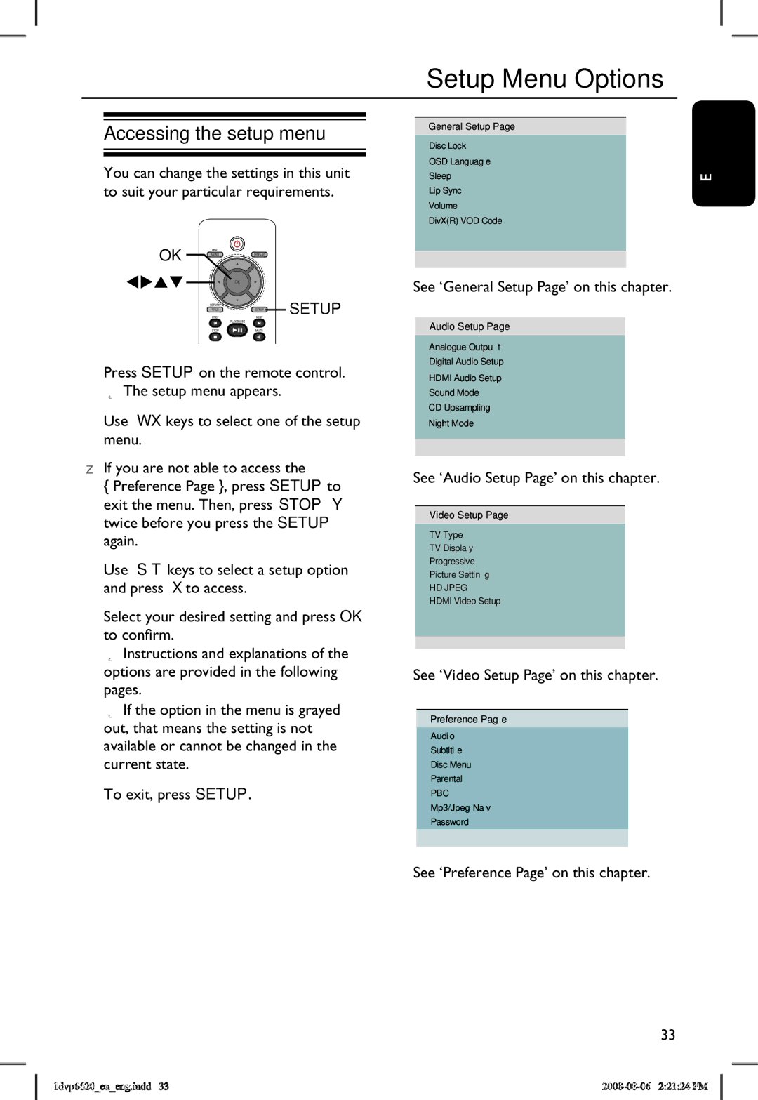 Philips DVP6620/12 manual Setup Menu Options, Accessing the setup menu 