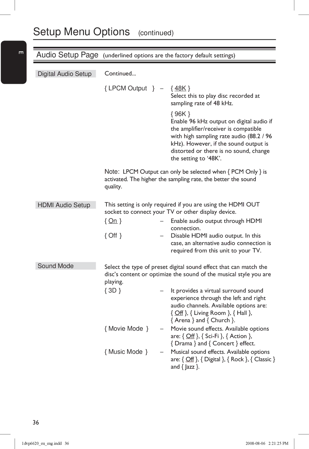 Philips DVP6620/12 Digital Audio Setup Hdmi Audio Setup Lpcm Output 48K, 96K, Off, Sound Mode, Movie Mode, Music Mode 