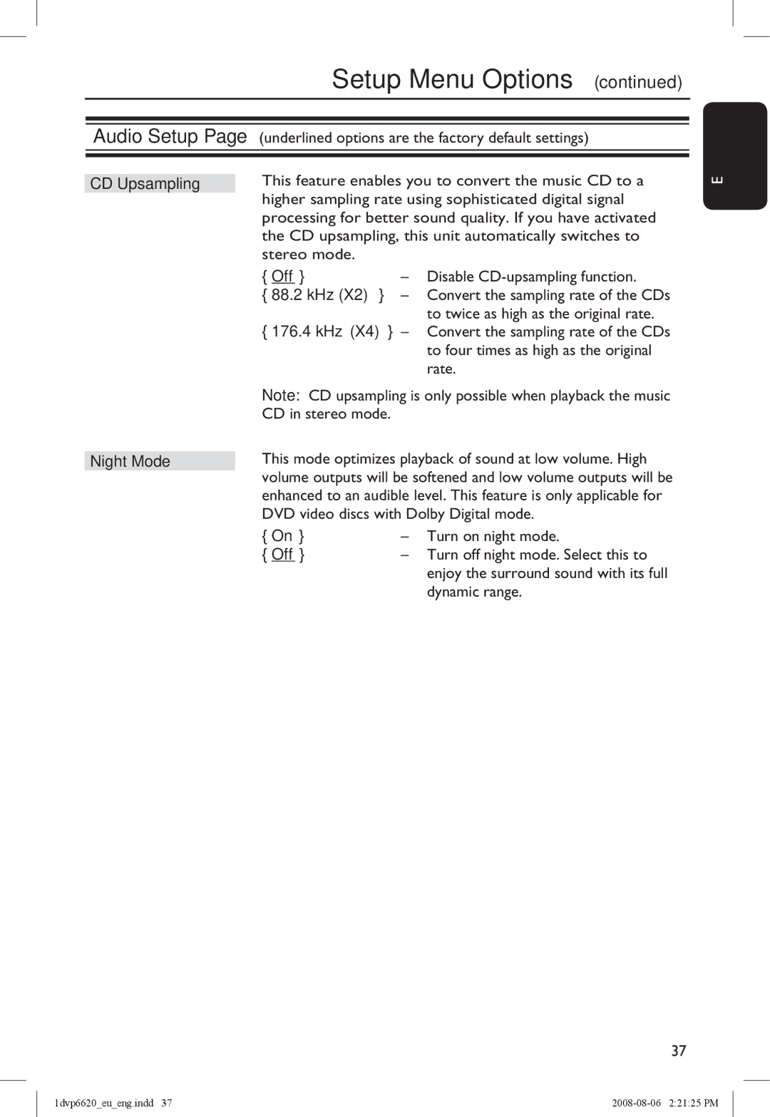 Philips DVP6620/12 manual CD Upsampling, 88.2 kHz, 176.4 kHz, Night Mode 