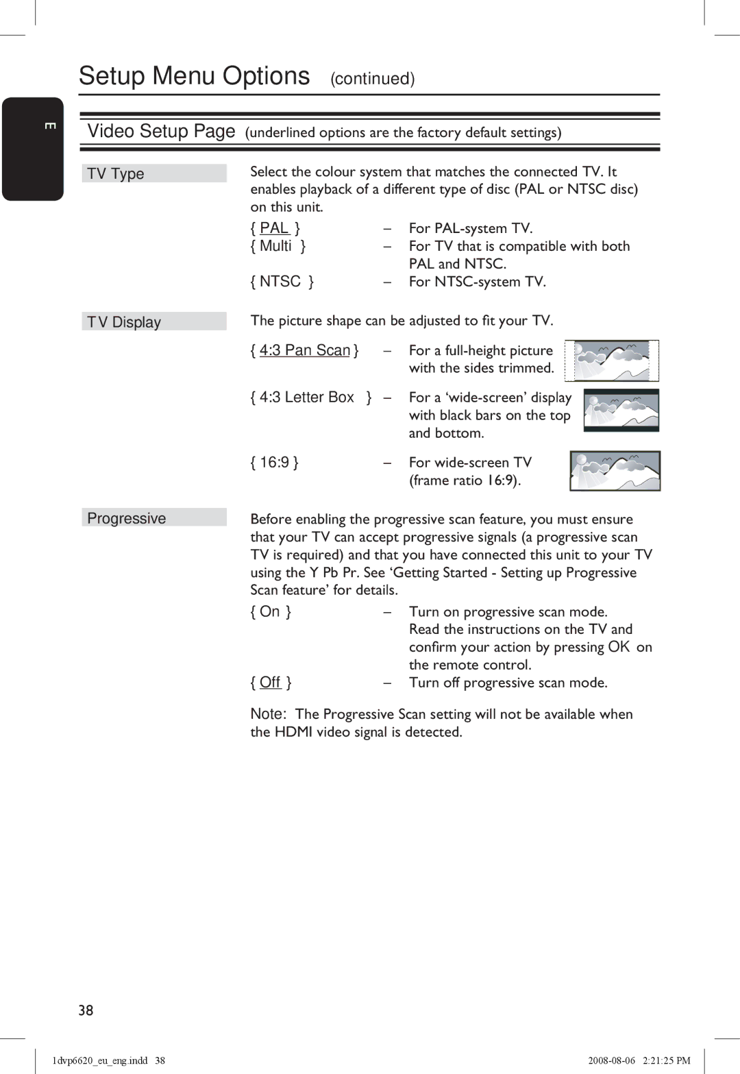 Philips DVP6620/12 manual TV Type, Multi, Ntsc, TV Display Progressive, Pan Scan, Letter Box, 169 