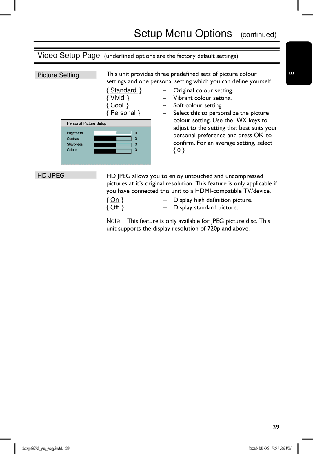 Philips DVP6620/12 manual Picture Setting, Standard Vivid Cool Personal, HD Jpeg, Display high definition picture 