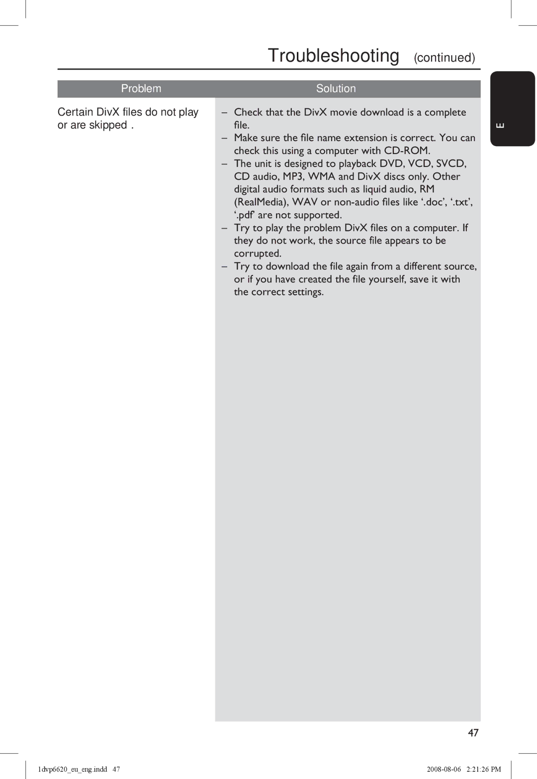 Philips DVP6620/12 manual Problem Solution, Certain DivX files do not play, Or are skipped 