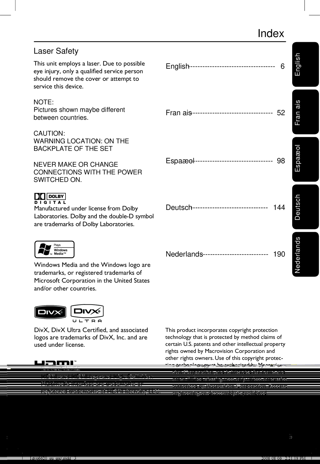 Philips DVP6620/12 manual Index, Laser Safety, English, Never Make or Change Connections with the Power Switched on 