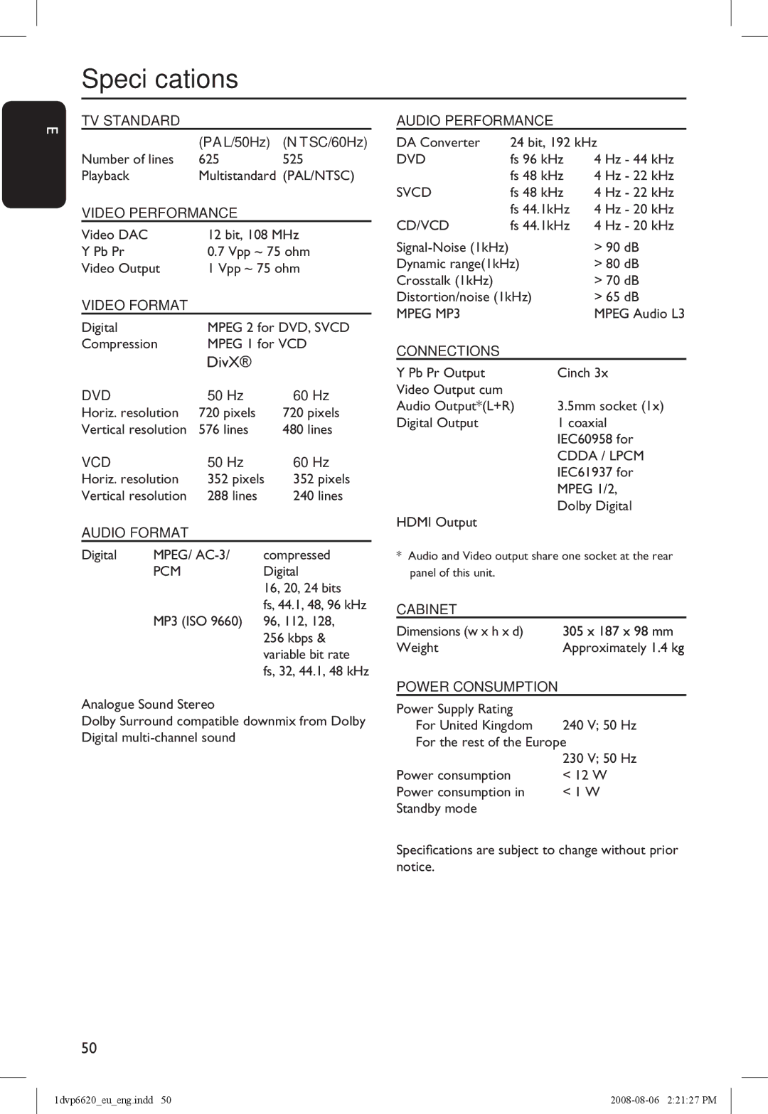 Philips DVP6620/12 manual Specifications, DivX 