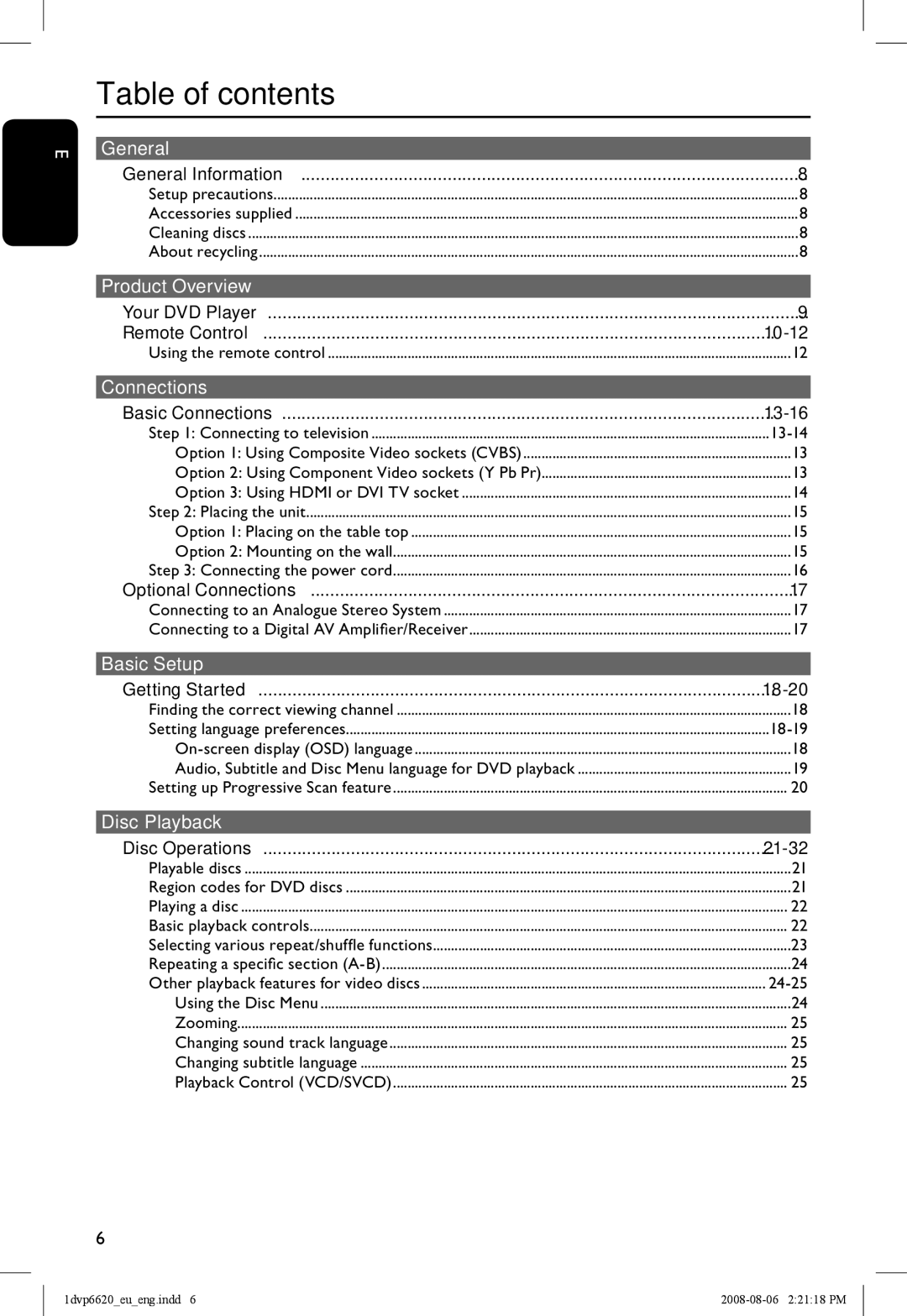 Philips DVP6620/12 manual Table of contents 