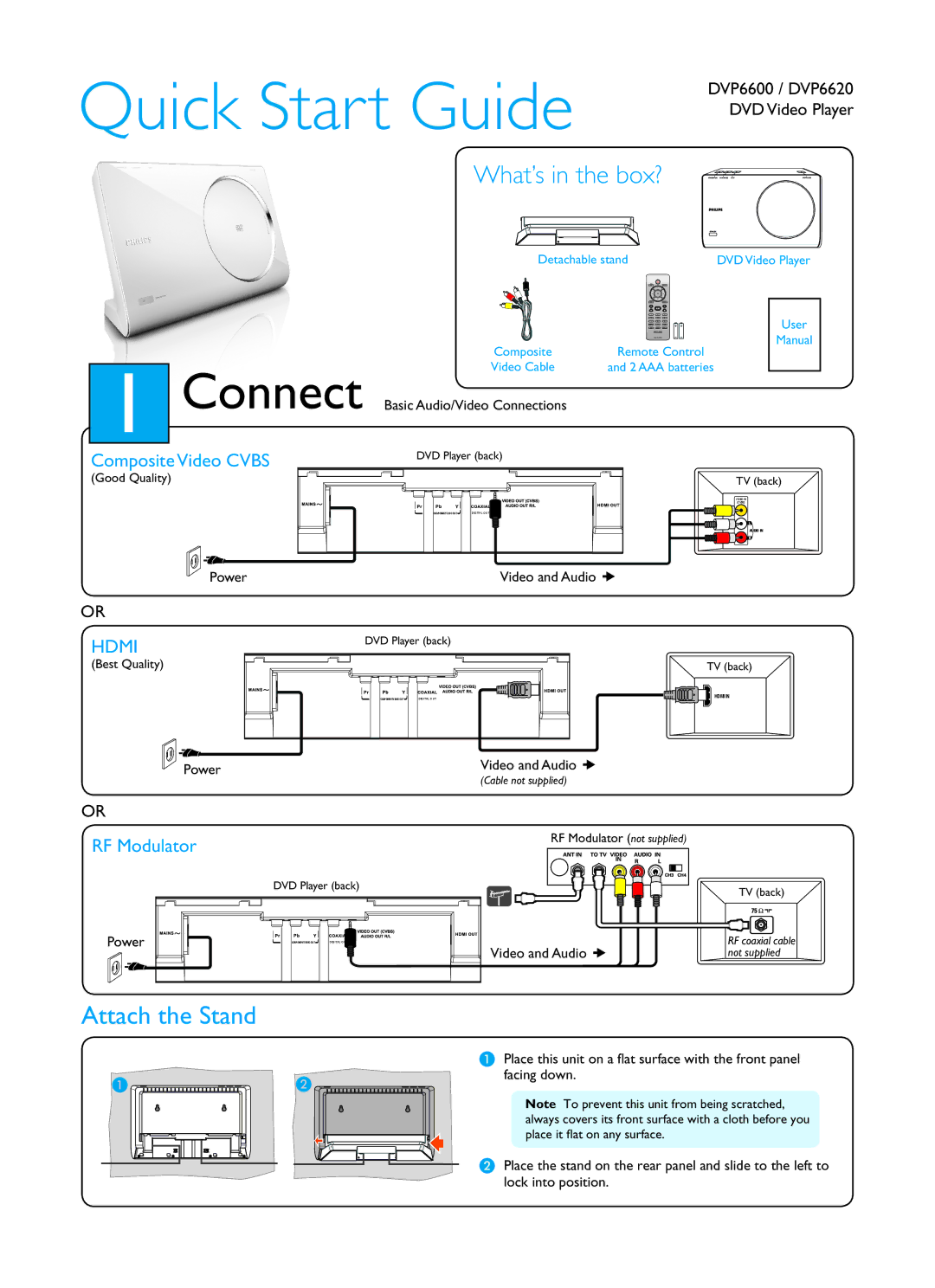 Philips DVP6620/37 quick start What’s in the box?, Attach the Stand, Composite Video Cvbs, RF Modulator 