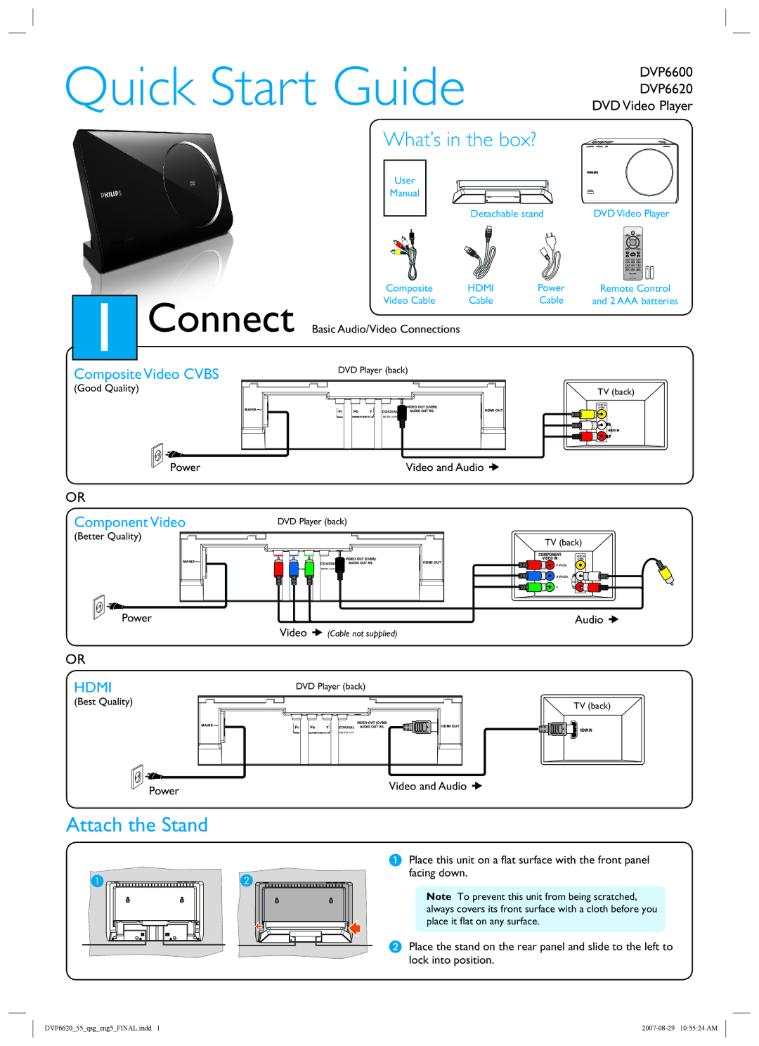 Philips DVP6620/55 quick start What’s in the box?, Attach the Stand, Composite Video Cvbs, Component Video 