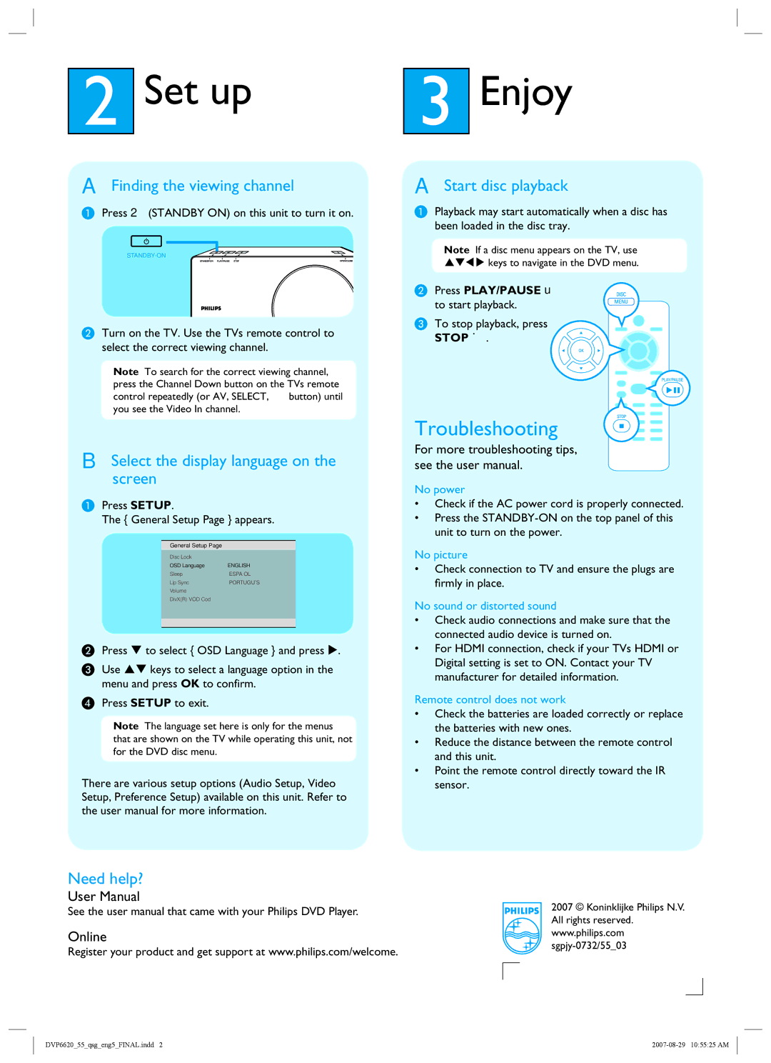 Philips DVP6620/55 quick start Set up, Enjoy, Troubleshooting 