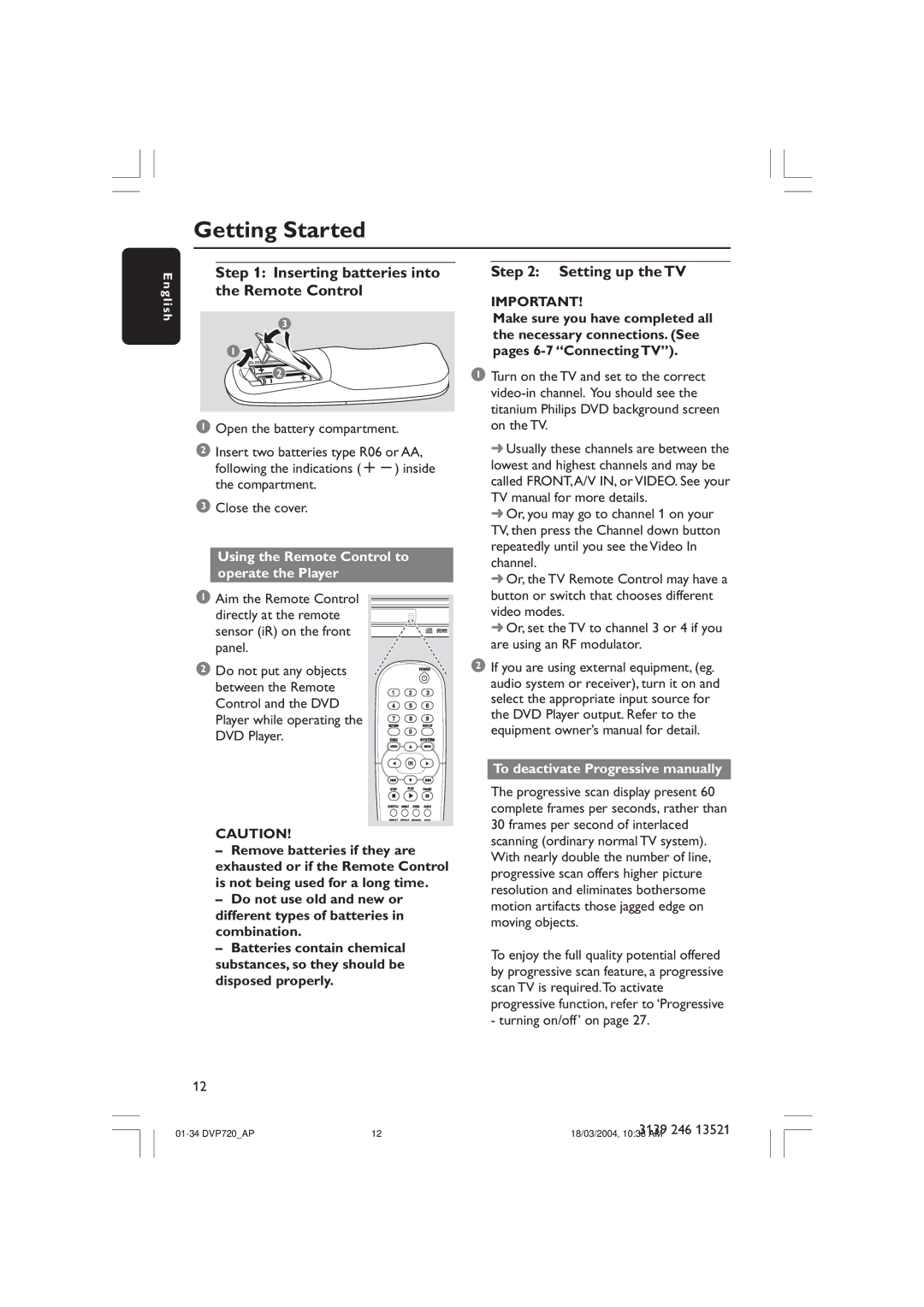 Philips DVP720SA Setting up the TV, To deactivate Progressive manually 