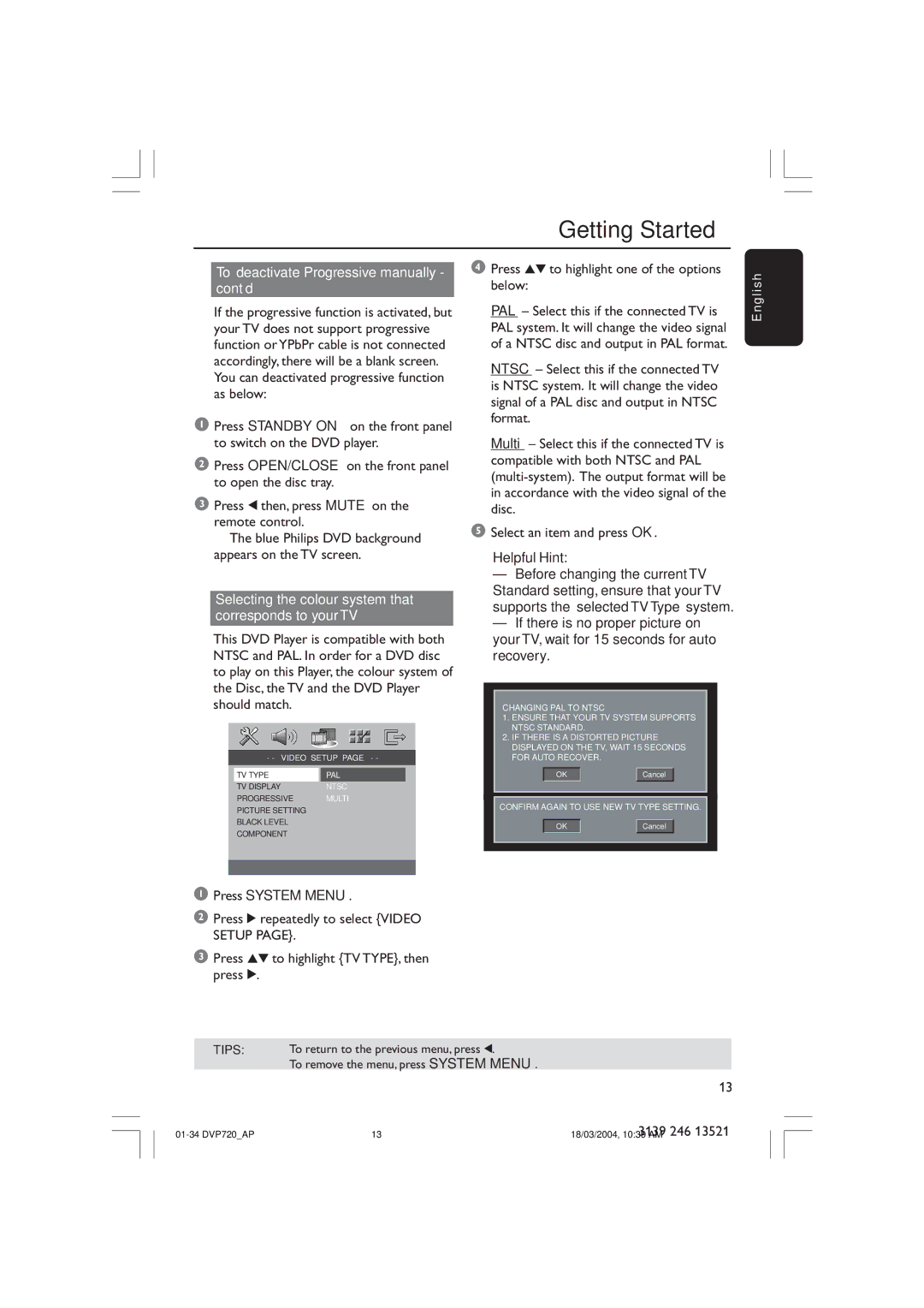 Philips DVP720SA Getting Started, To deactivate Progressive manually cont’d, Press System Menu 