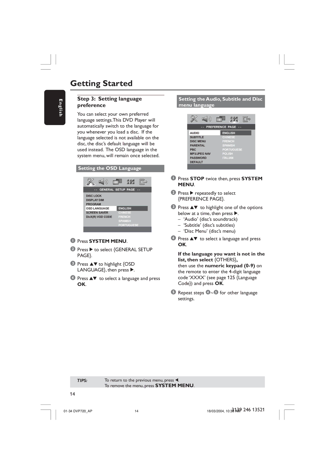 Philips DVP720SA Setting language preference, Setting the OSD Language, Setting the Audio, Subtitle and Disc menu language 