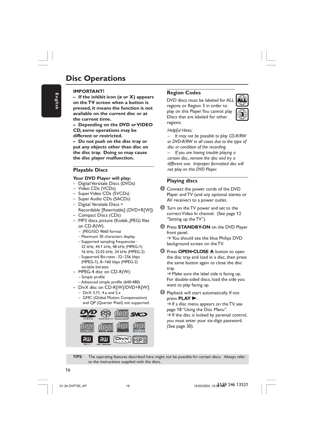 Philips DVP720SA manual Disc Operations, Playable Discs, Region Codes, Playing discs, Your DVD Player will play 