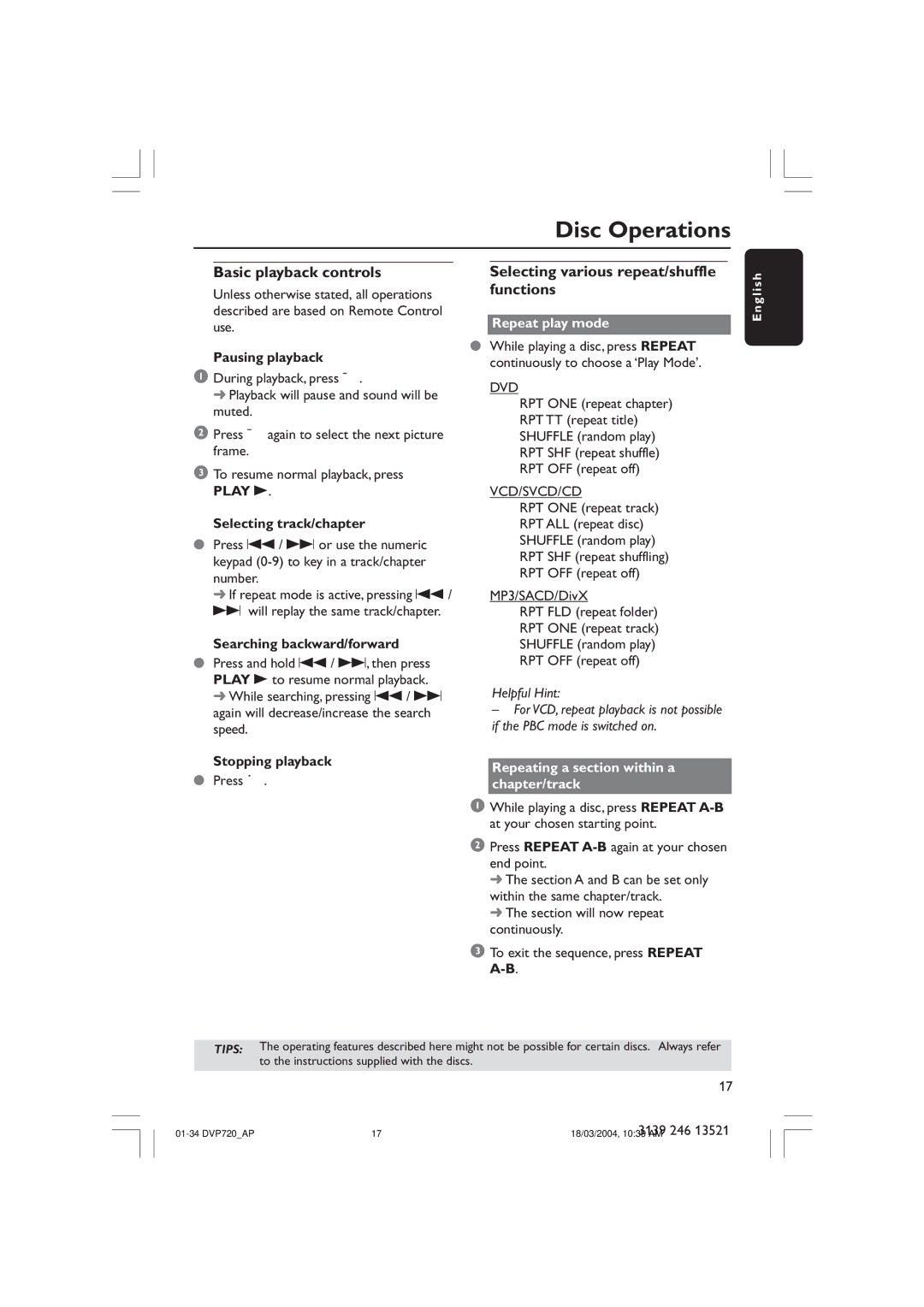 Philips DVP720SA manual Basic playback controls, Selecting various repeat/shuffle functions, Play B, Repeat play mode 