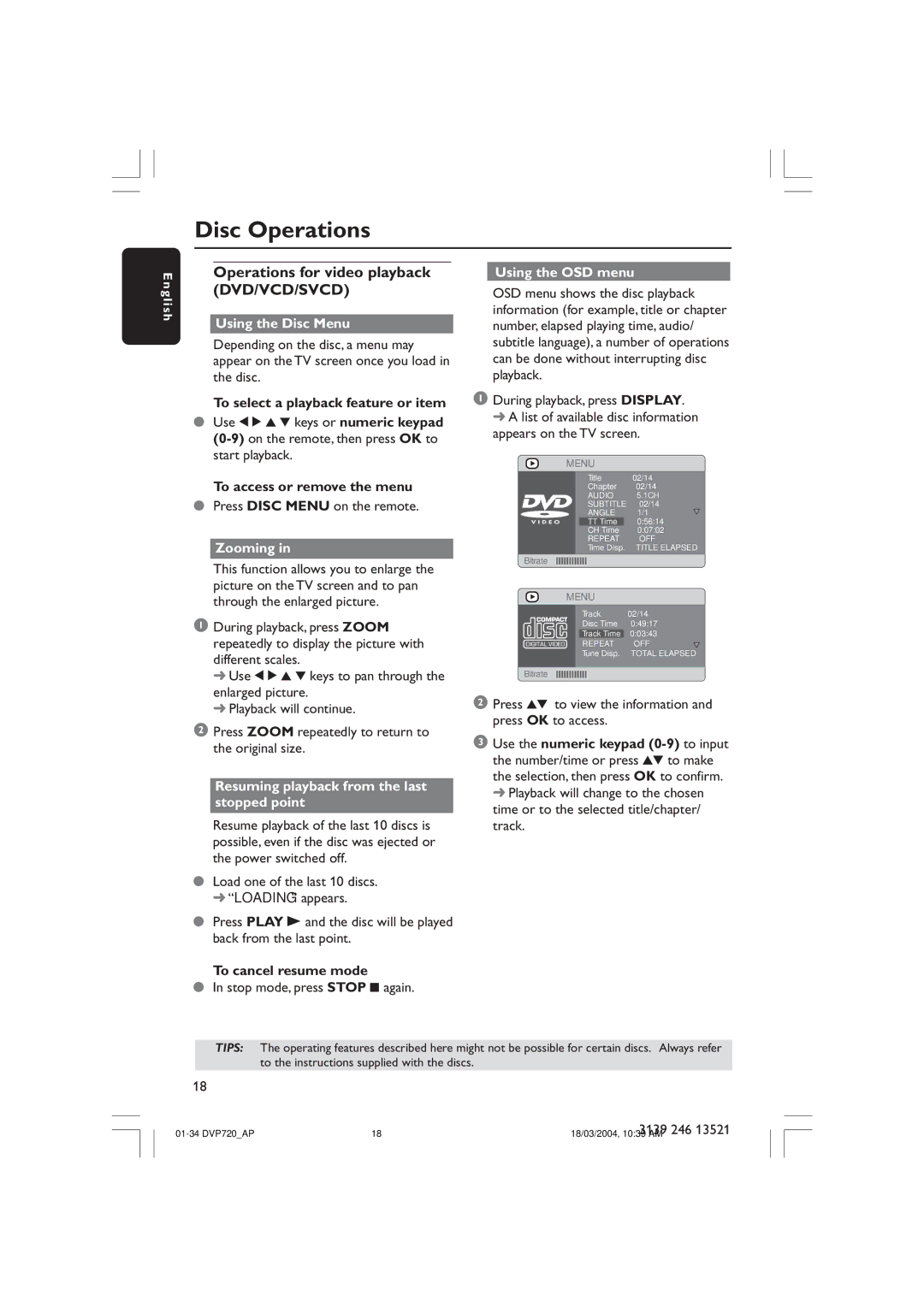 Philips DVP720SA manual Operations for video playback DVD/VCD/SVCD, Using the Disc Menu, Zooming, Using the OSD menu 