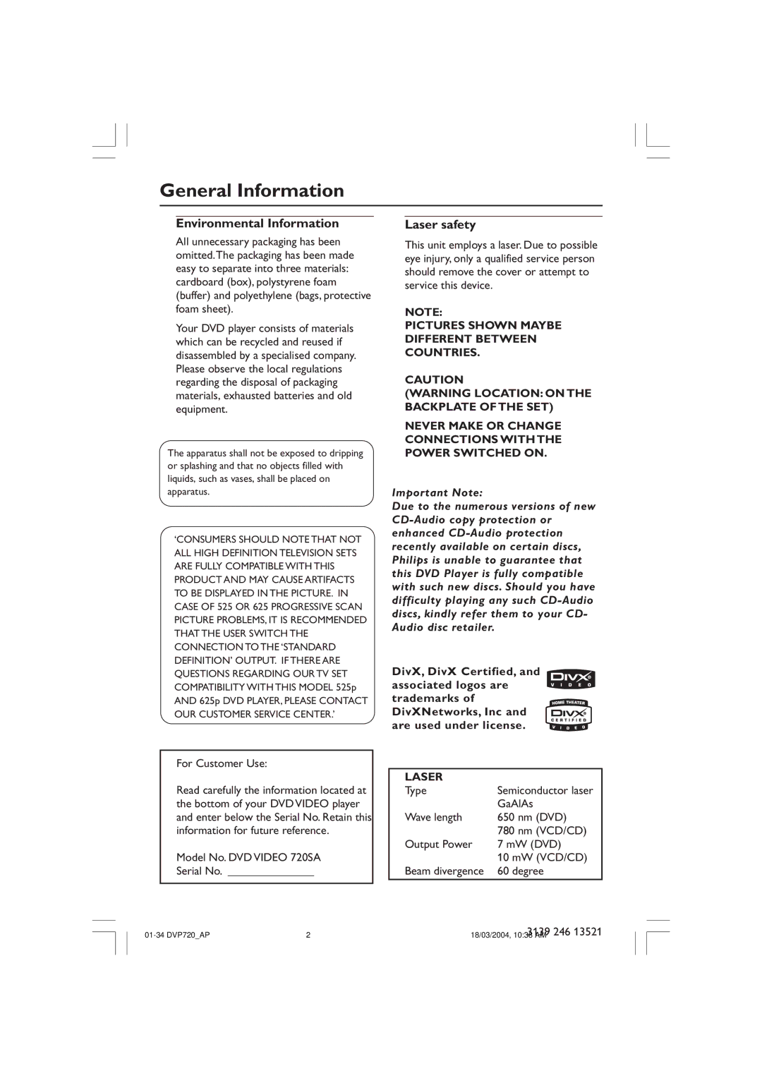 Philips DVP720SA manual General Information, Environmental Information, Laser safety 