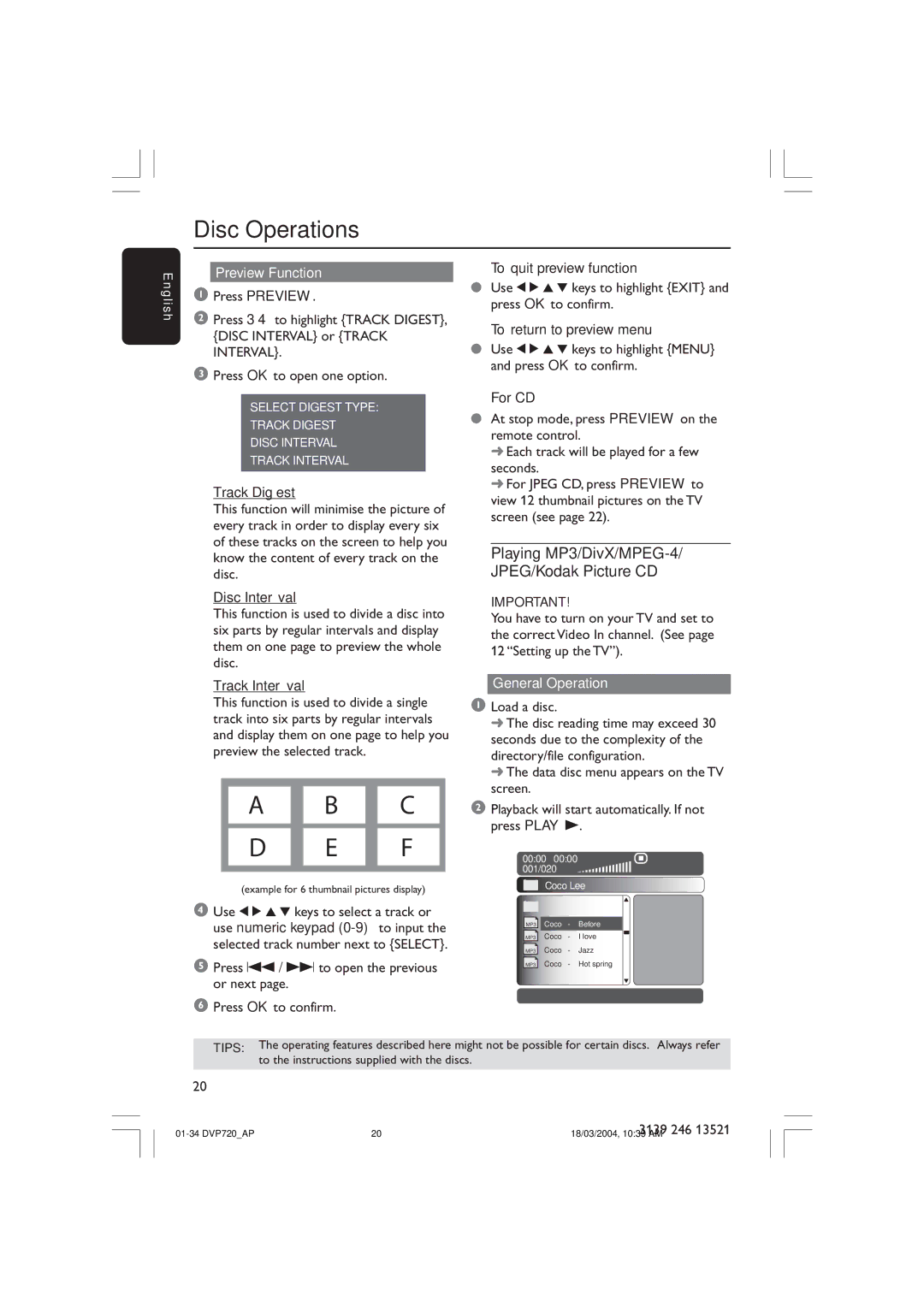 Philips DVP720SA manual Playing MP3/DivX/MPEG-4/ JPEG/Kodak Picture CD, Preview Function, General Operation 