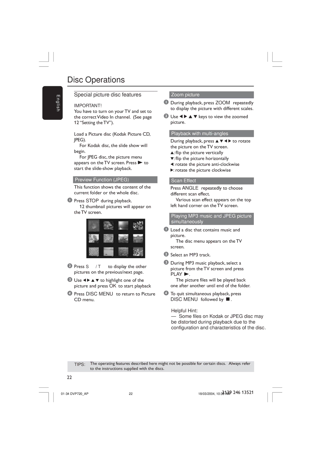 Philips DVP720SA manual Special picture disc features, Preview Function Jpeg Zoom picture, Playback with multi-angles 