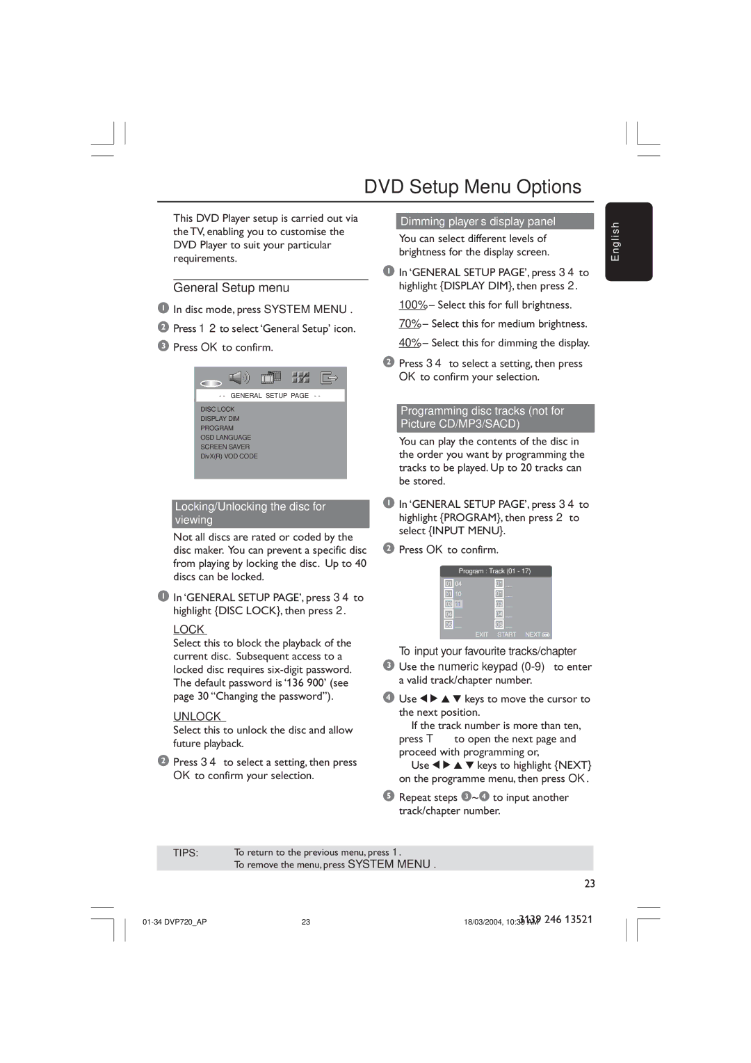 Philips DVP720SA manual DVD Setup Menu Options, General Setup menu, Lock, Unlock 