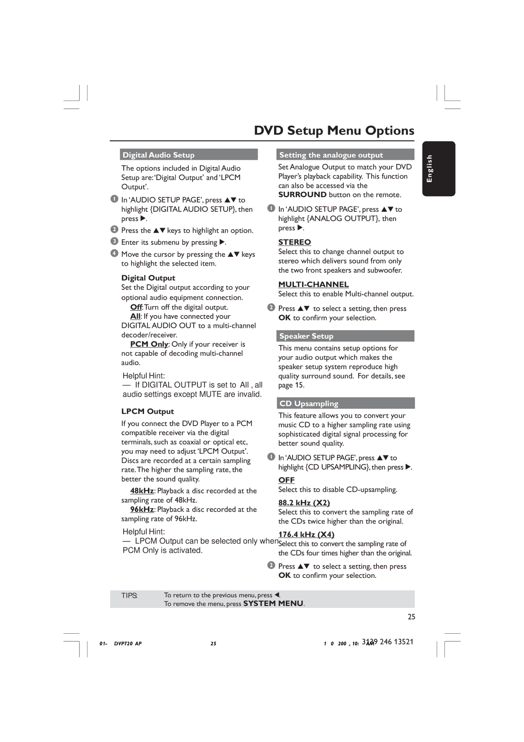 Philips DVP720SA Digital Audio Setup Setting the analogue output, Stereo, Multi-Channel, Speaker Setup, CD Upsampling 