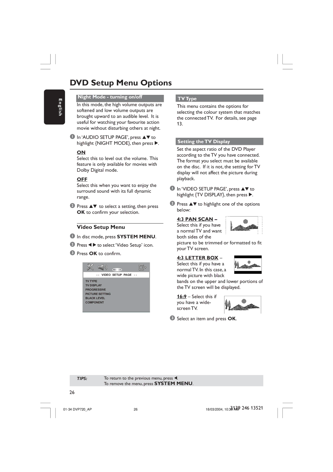 Philips DVP720SA manual Video Setup Menu, Night Mode turning on/off TV Type, Setting the TV Display 