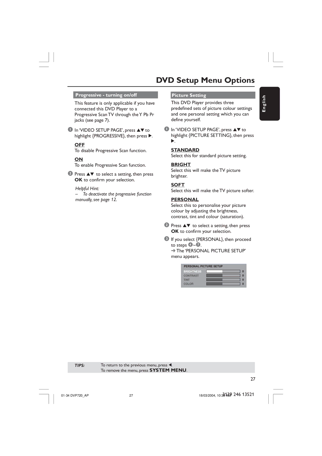 Philips DVP720SA manual Progressive turning on/off Picture Setting, Standard, Bright, Soft, Personal 