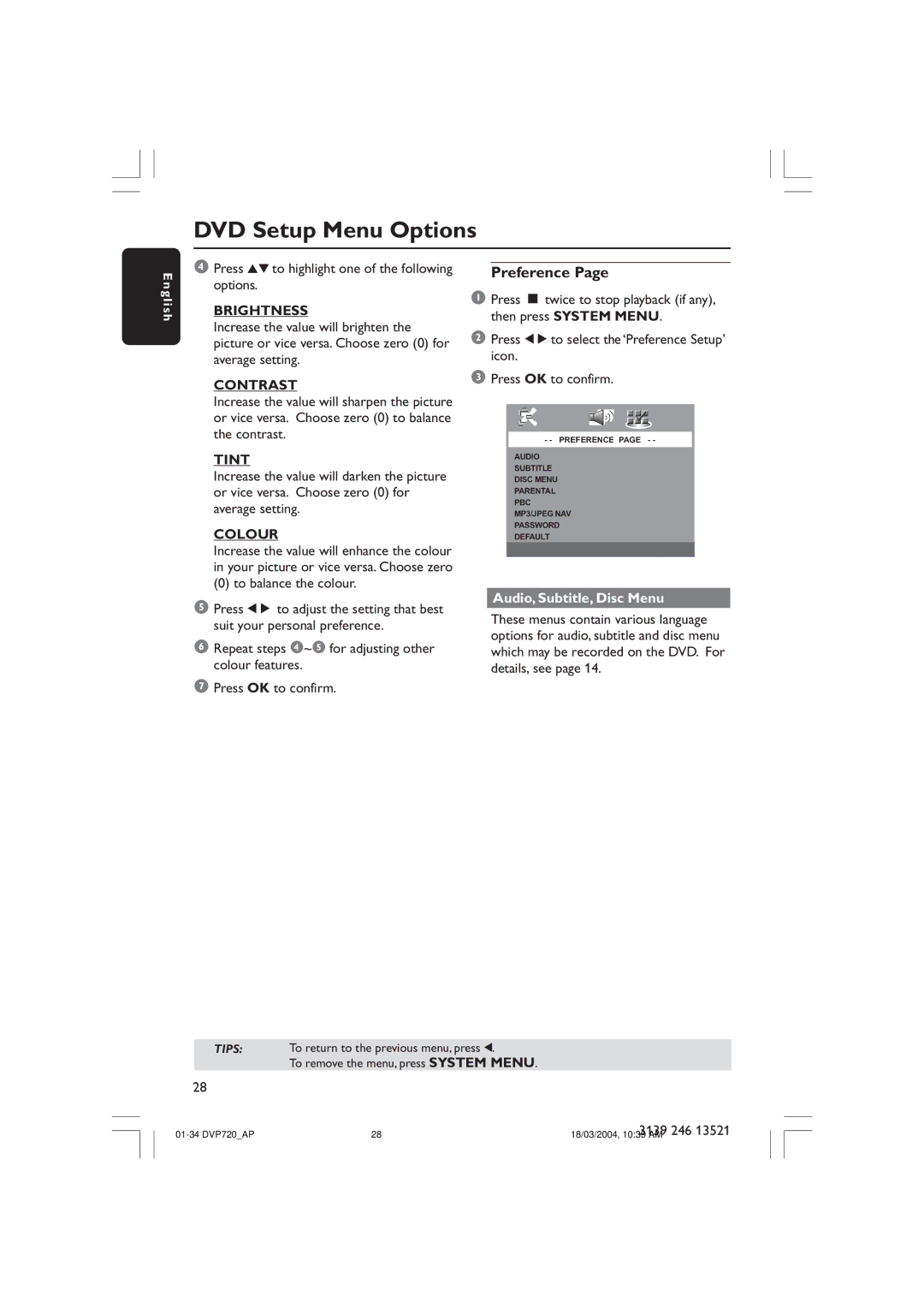 Philips DVP720SA manual Preference, Brightness, Contrast, Tint, Colour 