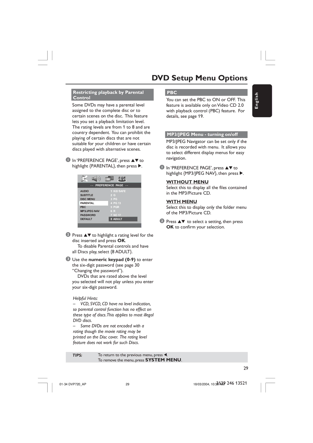 Philips DVP720SA manual Restricting playback by Parental Control, MP3/JPEG Menu turning on/off, Without Menu, With Menu 