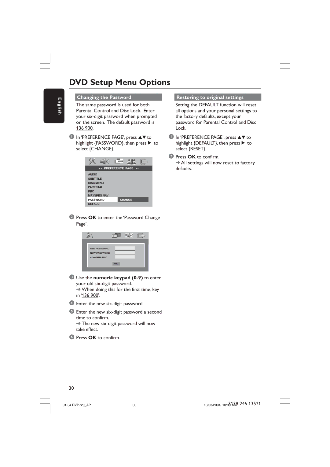 Philips DVP720SA manual Changing the Password Restoring to original settings, Glish 