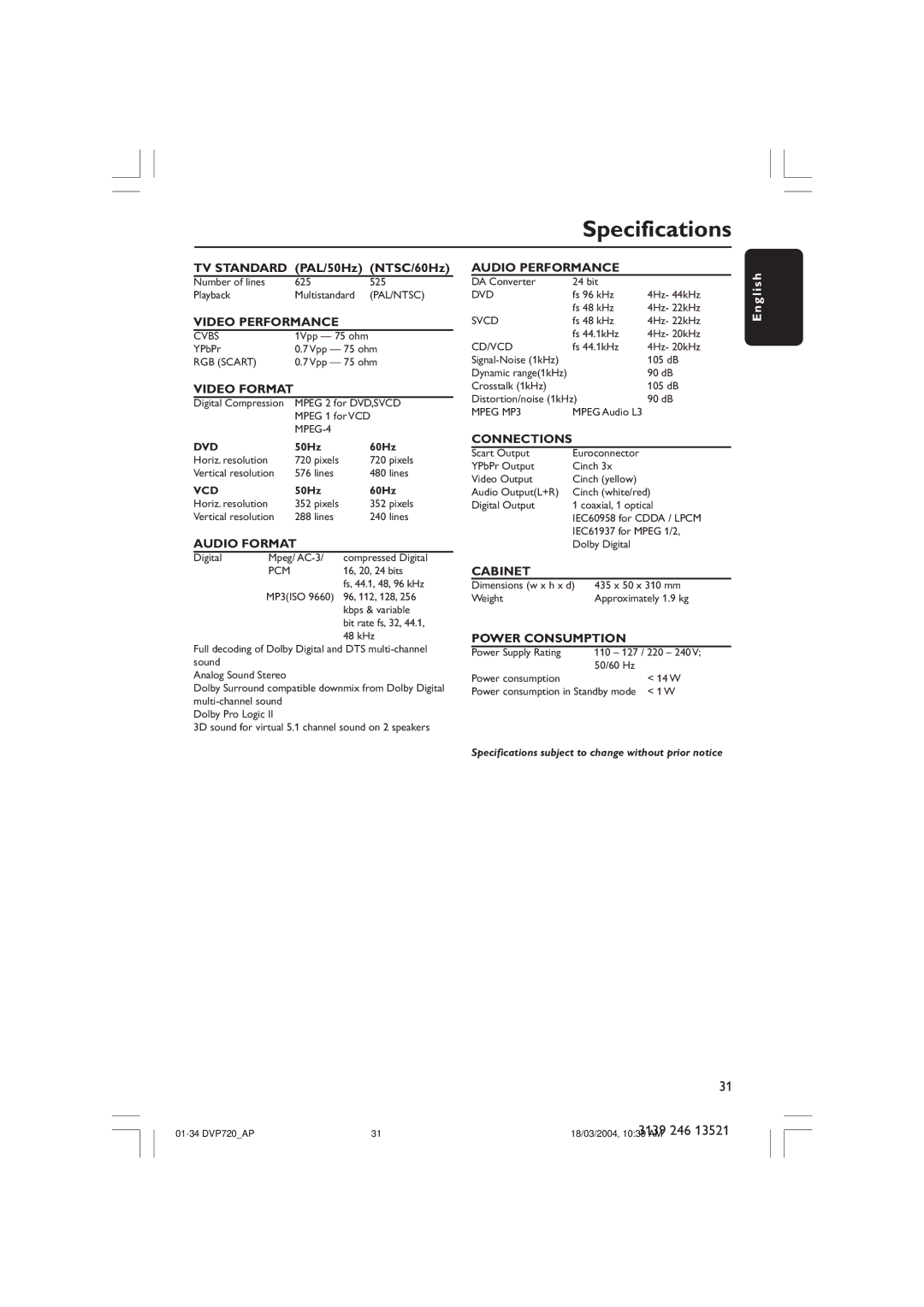 Philips DVP720SA manual Specifications, Video Format 