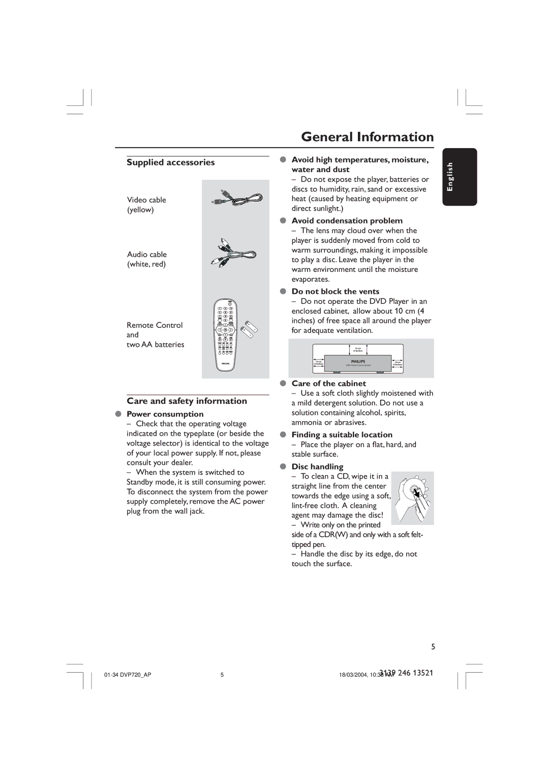 Philips DVP720SA manual Supplied accessories, Care and safety information 