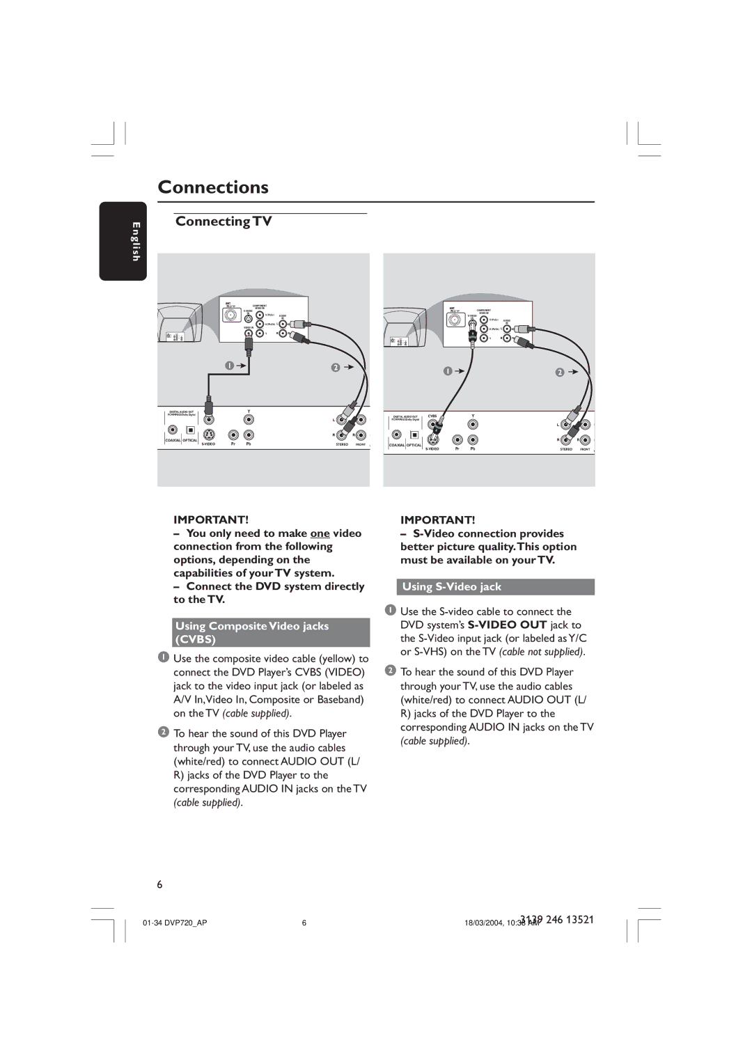 Philips DVP720SA manual Connections, Using Composite Video jacks Cvbs, Using S-Video jack 